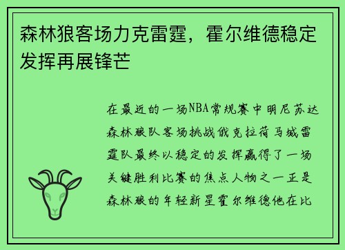 森林狼客场力克雷霆，霍尔维德稳定发挥再展锋芒