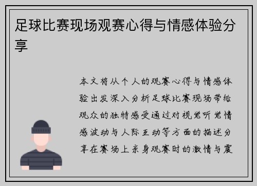 足球比赛现场观赛心得与情感体验分享