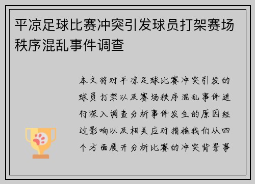 平凉足球比赛冲突引发球员打架赛场秩序混乱事件调查