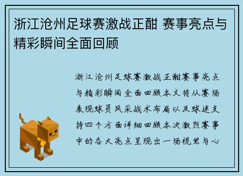 浙江沧州足球赛激战正酣 赛事亮点与精彩瞬间全面回顾