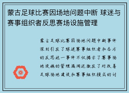 蒙古足球比赛因场地问题中断 球迷与赛事组织者反思赛场设施管理