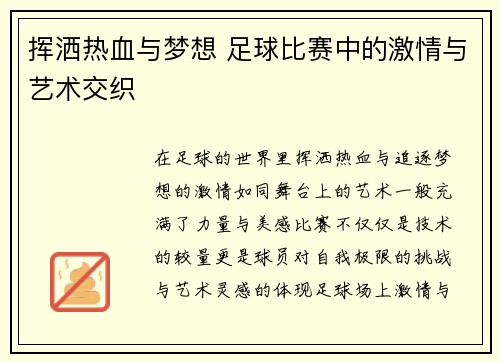 挥洒热血与梦想 足球比赛中的激情与艺术交织