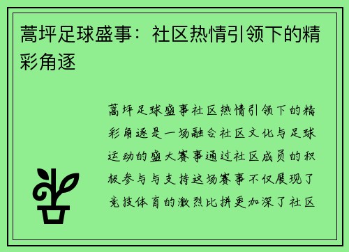 蒿坪足球盛事：社区热情引领下的精彩角逐