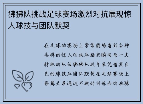 狒狒队挑战足球赛场激烈对抗展现惊人球技与团队默契