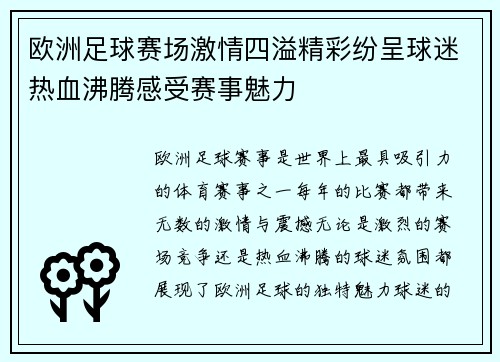 欧洲足球赛场激情四溢精彩纷呈球迷热血沸腾感受赛事魅力