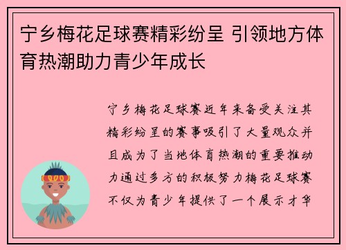 宁乡梅花足球赛精彩纷呈 引领地方体育热潮助力青少年成长