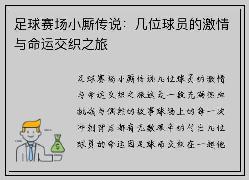 足球赛场小厮传说：几位球员的激情与命运交织之旅