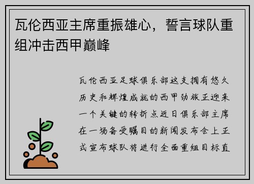 瓦伦西亚主席重振雄心，誓言球队重组冲击西甲巅峰