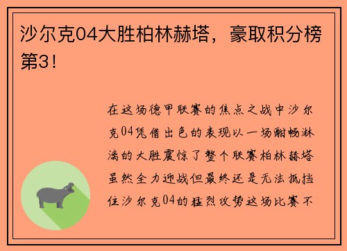 沙尔克04大胜柏林赫塔，豪取积分榜第3！