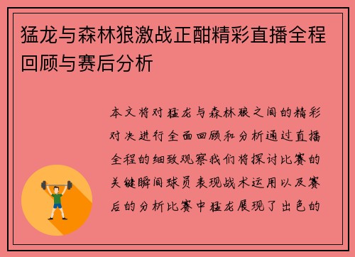 猛龙与森林狼激战正酣精彩直播全程回顾与赛后分析