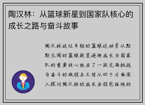 陶汉林：从篮球新星到国家队核心的成长之路与奋斗故事