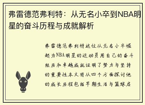 弗雷德范弗利特：从无名小卒到NBA明星的奋斗历程与成就解析