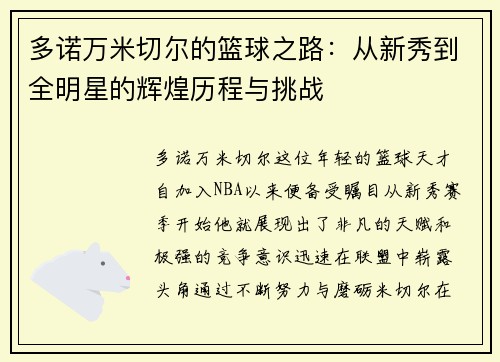 多诺万米切尔的篮球之路：从新秀到全明星的辉煌历程与挑战