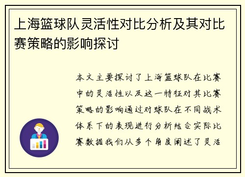 上海篮球队灵活性对比分析及其对比赛策略的影响探讨