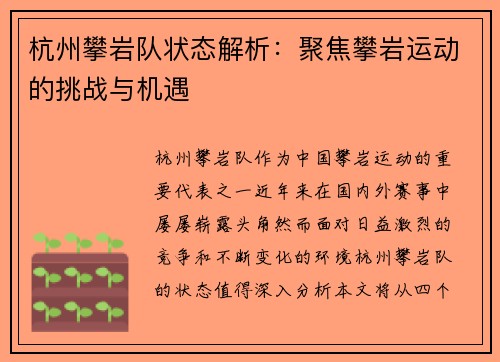 杭州攀岩队状态解析：聚焦攀岩运动的挑战与机遇